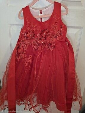 Red Floral Embellished Girls' Party Dress